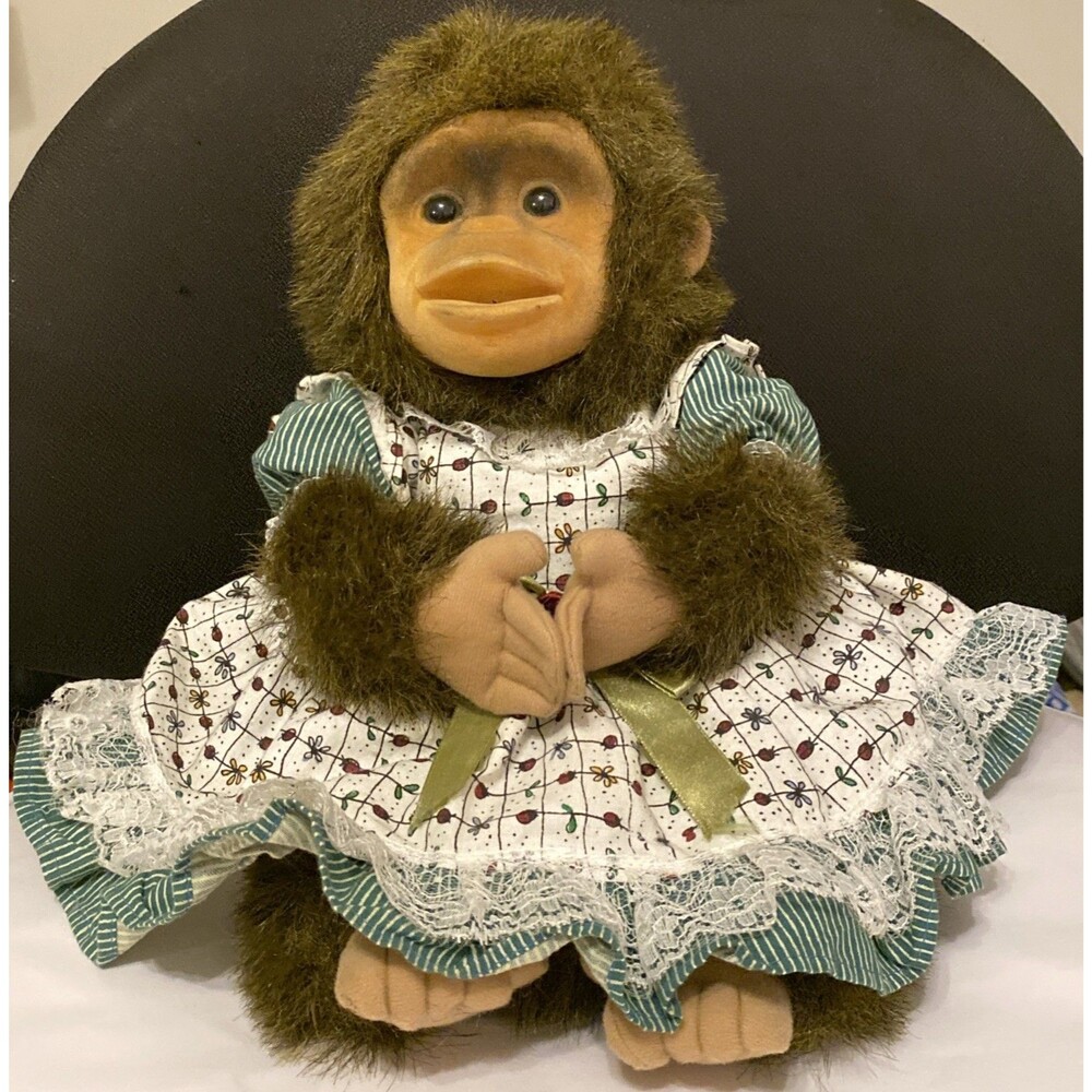Vintage Hosung TOY Monkey Chimp Plush Hand Puppet 1994 Brown W/ Squeaker Dress
